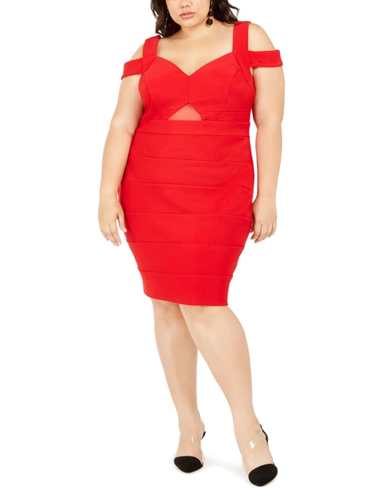 Front of a model wearing a size 3XL Emerald Sundae Women's Trendy Plus Size Cold-Shoulder Bandage Dress Red Size 3 Extra Large in Red by Emerald Sundae. | dia_product_style_image_id:313128